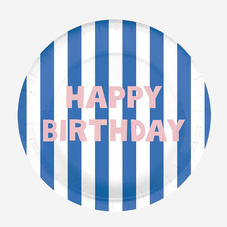 Assiette en carton : 8 assiettes Happy birthday rayures