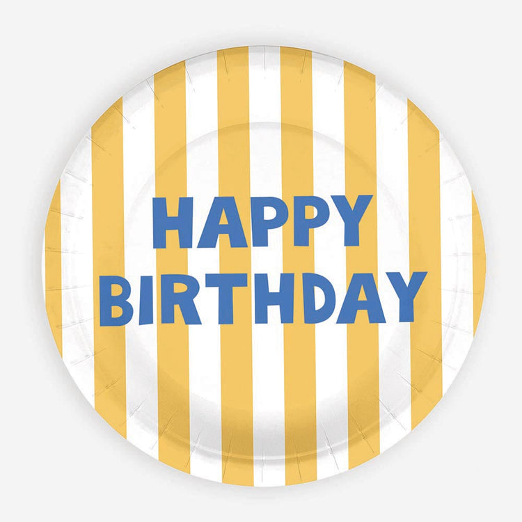 Assiette en carton : 8 assiettes Happy birthday rayures