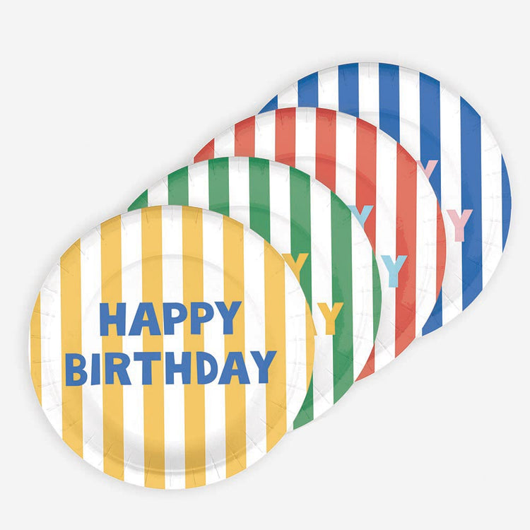 Assiette en carton : 8 assiettes Happy birthday rayures