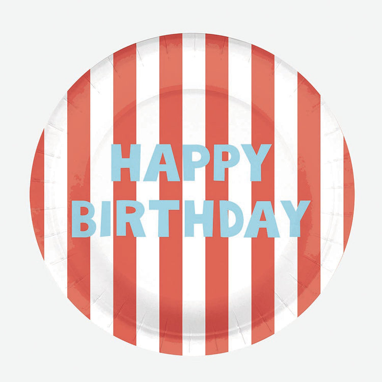Assiette en carton : 8 assiettes Happy birthday rayures