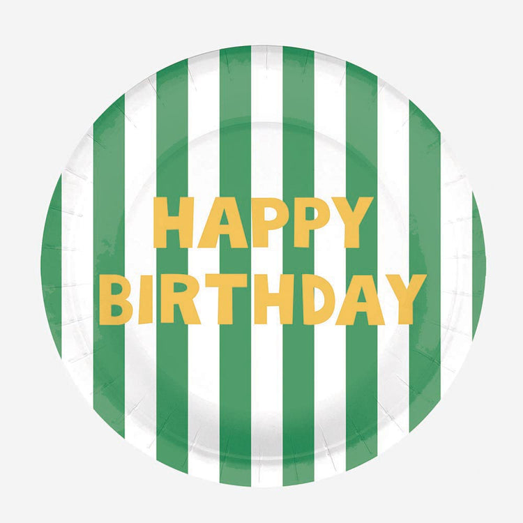 Assiette en carton : 8 assiettes Happy birthday rayures