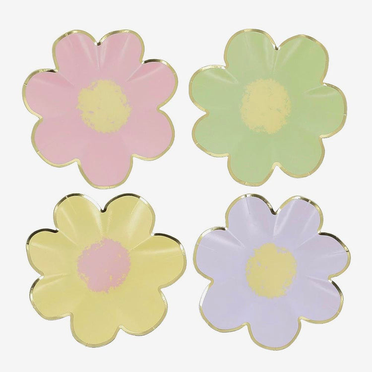 Assiettes marguerite pastel, vaisselle florale pour un anniversaire