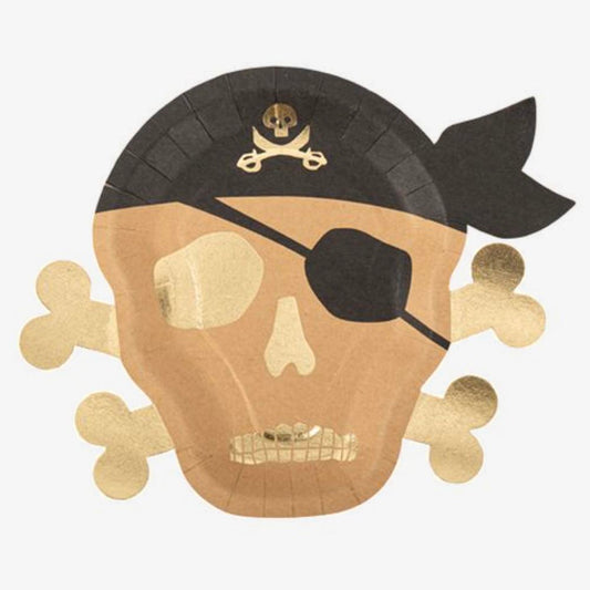 8 assiettes en carton pirate noir et doré pour déco table anniversaire pirate