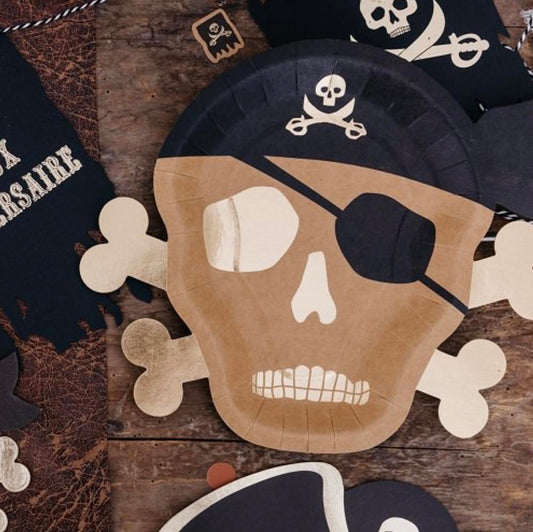 8 assiettes en carton pirate noir et doré pour déco table fête déguisée halloween ou pirate