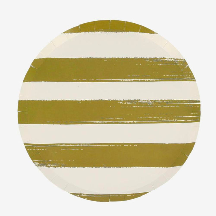 Assiettes rayĂ©es kaki pour dĂ©co de fĂȘte champĂȘtre