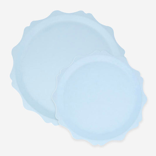Assiettes compostables bleues vintage, déco table pastel