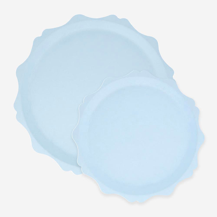 Assiettes compostables bleues vintage, déco table pastel