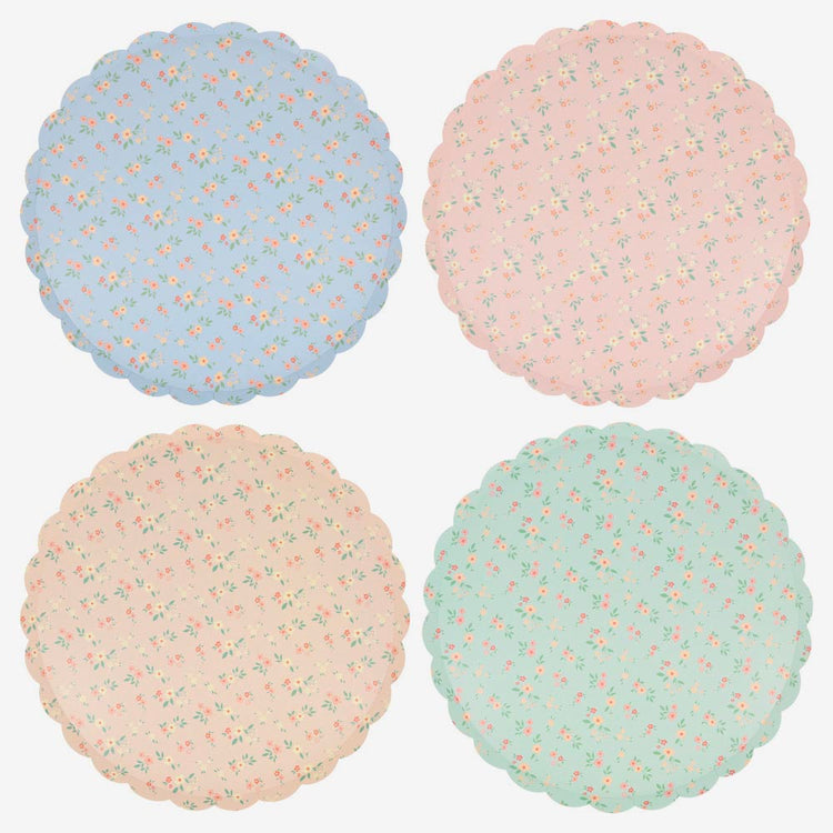 Set d'assiettes fleurs vintage, déco de table anniversaire fleur