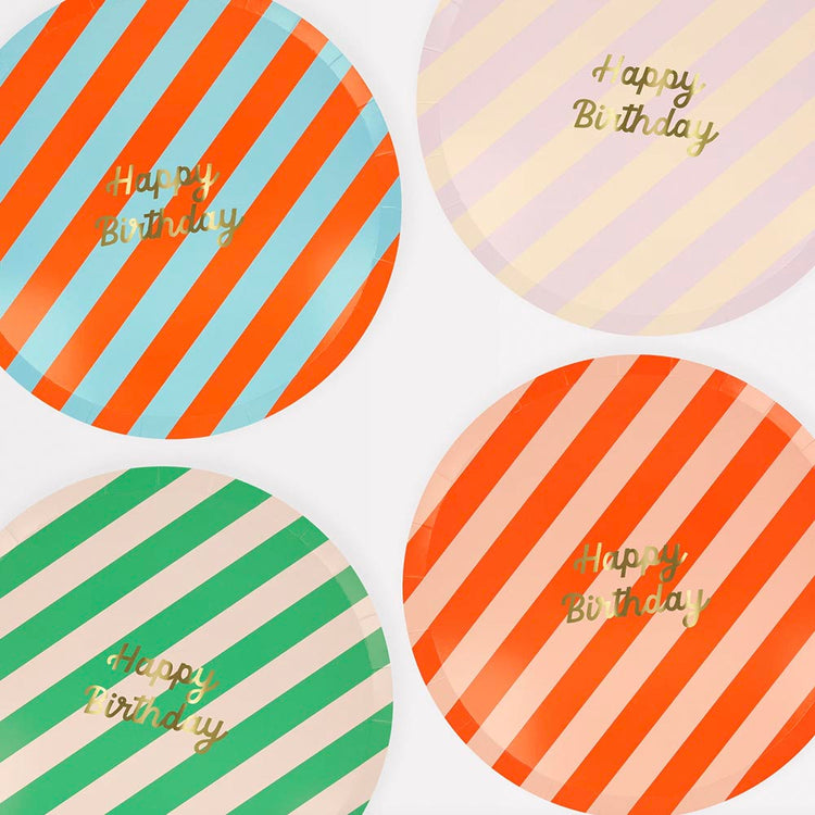 Assiettes en carton happy birthday rayées : deco anniversaire adulte