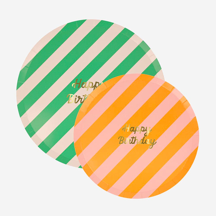 Assiettes en carton happy birthday rayées : deco de table multicolore