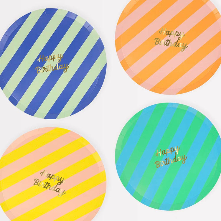 8 assiettes en carton happy birthday rayées : deco de table chic