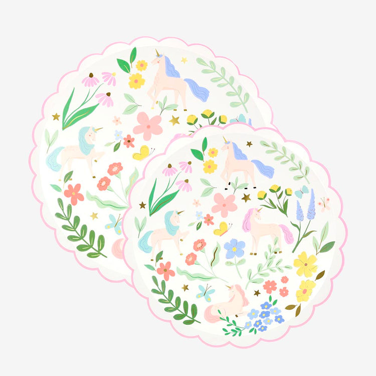 Assiettes licorne et fleurs, déco champêtre et enchantée