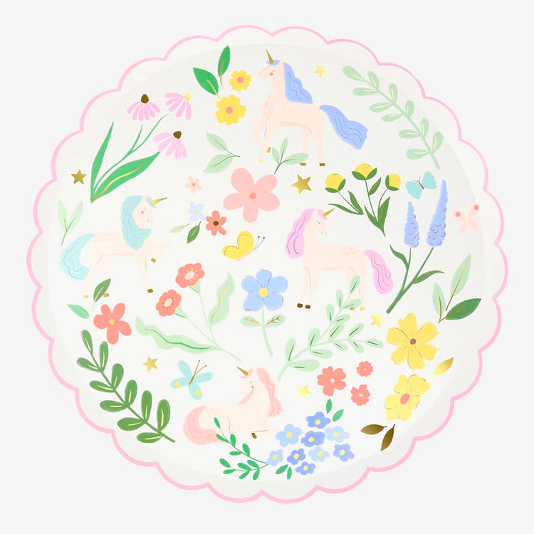 Assiettes carton fleurs et licorne, ambiance mauve et rose