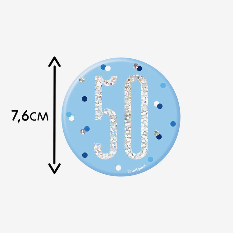 Badge 50 ans bleu : accessoire deguisement anniversaire adulte