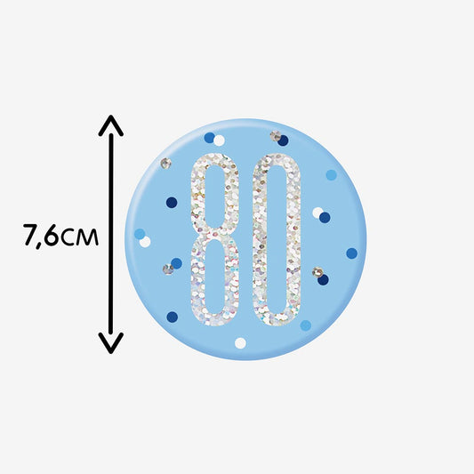 Badge 80 ans bleu : petit cadeau invité pour pochette surprise