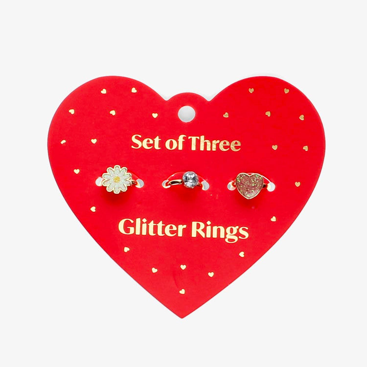 3 bagues fleur, diamant et coeur pour anniversaire enfant