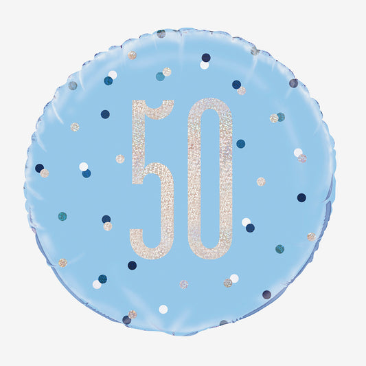 Ballon hélium 50 bleu holographique : deco anniversaire 50 ans