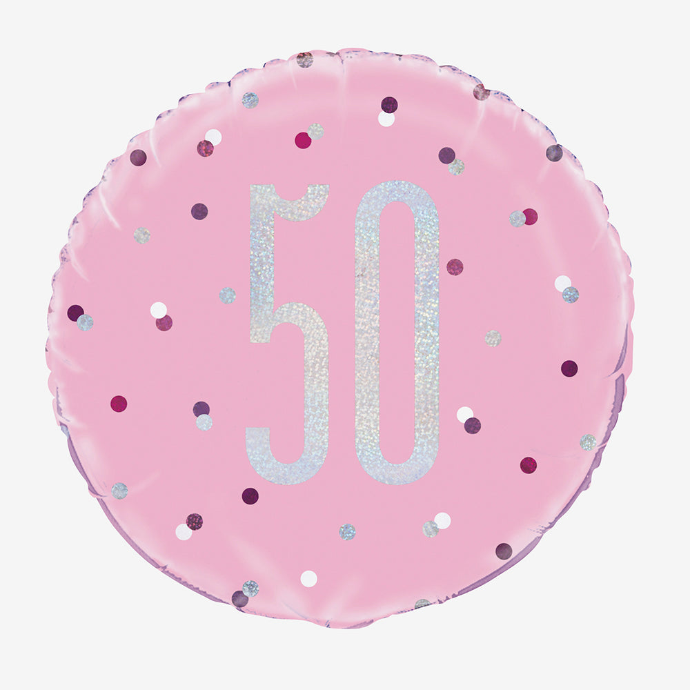 Holographic pink helium balloon 50: 50th birthday decoration