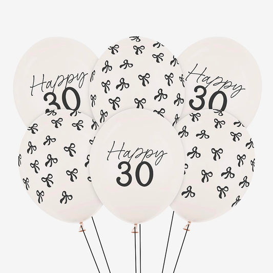 6 ballons baudruches 30 ans age et motif noeud noir tendance