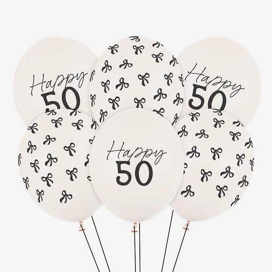 6 ballons baudruches 50 ans age et motif noeud noir intemporel et chic