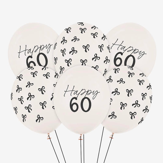 6 ballons baudruches 60 ans age et motif noeud noir intemporel et chic