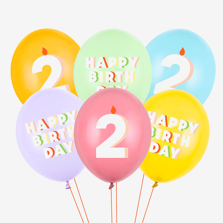 6 ballons de baudruche happy birthday chiffre age 2 ans bougie multicolore