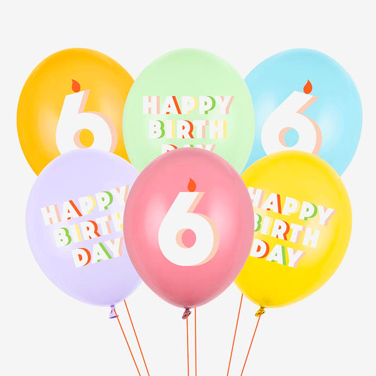 6 ballons de baudruche happy birthday chiffre age six ans bougie multicolore