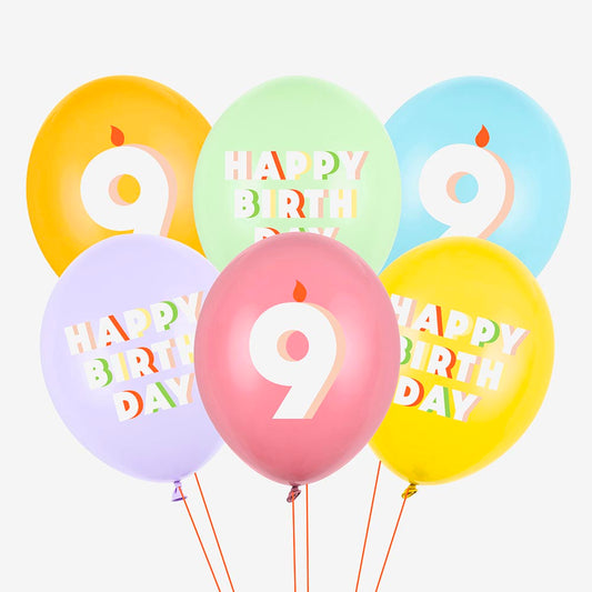 6 ballons de baudruche happy birthday chiffre age neuf ans bougie multicolore