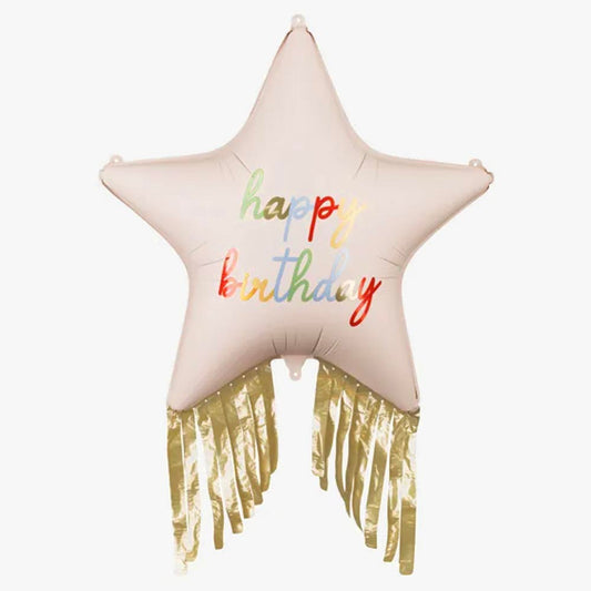 ballon happy birthday étoile nude avec franges dorées décoration anniversaire