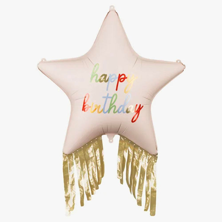 ballon happy birthday étoile nude avec franges dorées décoration anniversaire