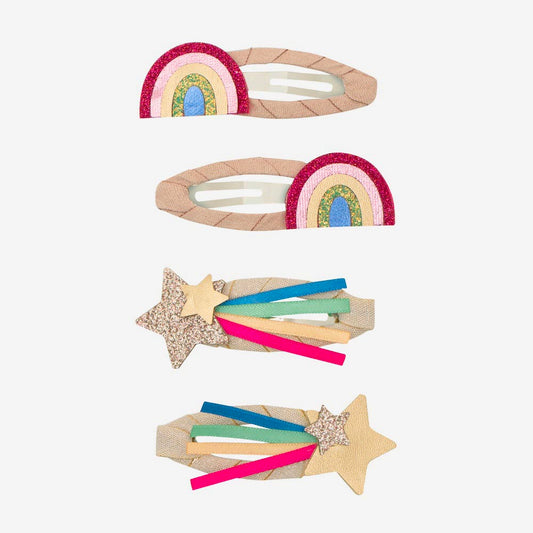 4 barrettes arc-en-ciel et étoile filante glitter cadeaux à glisser dans une pochette surprise