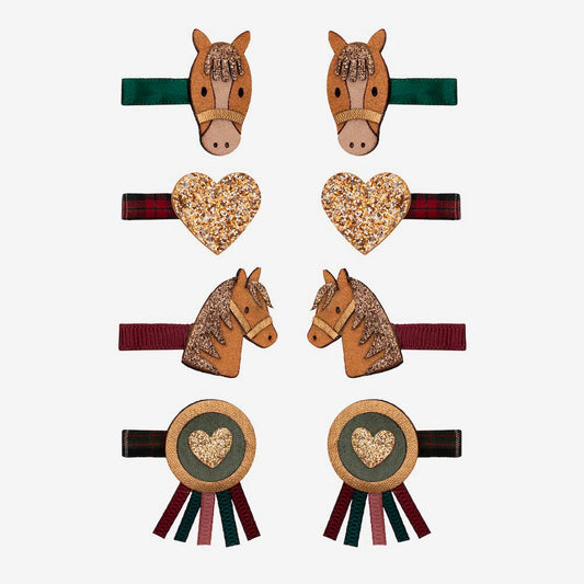 8 barrettes équitation accessoires cheveux à prix doux en forme de cheval et cocarde concours equitation