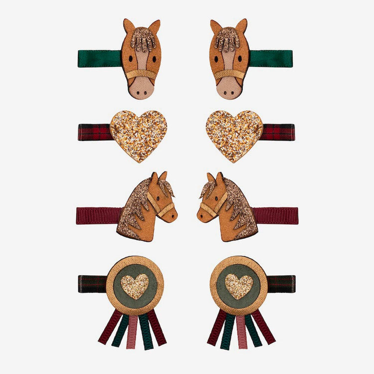 8 barrettes équitation accessoires cheveux à prix doux en forme de cheval et cocarde concours equitation