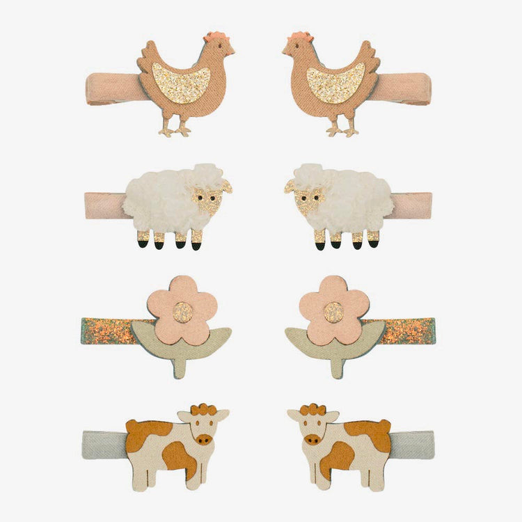 8 barrettes cadeaux pour anniversaire thĂšme animaux de la ferme poule, vache et mouton