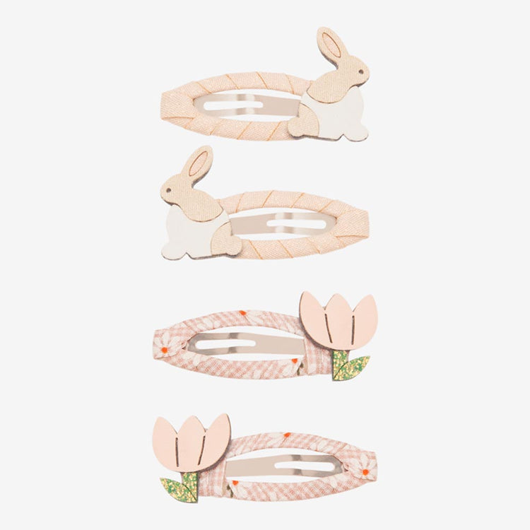 Barrettes lapins et fleurs, déco cheveux enfant pour Pâques