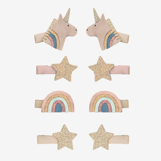 8 barrettes cadeaux pour anniversaire thĂšme licorne, etoile et arc en ciel