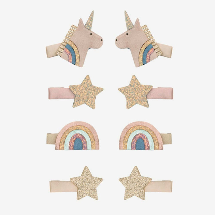 8 barrettes cadeaux pour anniversaire thème licorne, etoile et arc en ciel