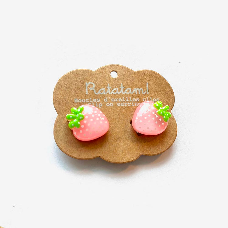 1 paire de boucles d'oreille fraises roses Ă clip : cadeau anniversaire enfant