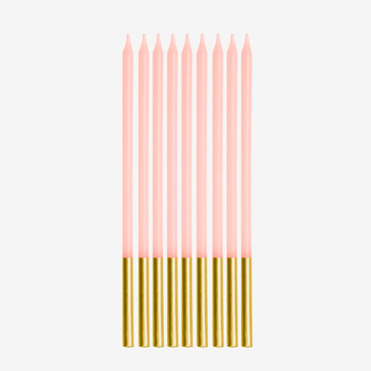 Bougies roses et dorĂ©es, parfaites pour fĂȘte pastel enfant