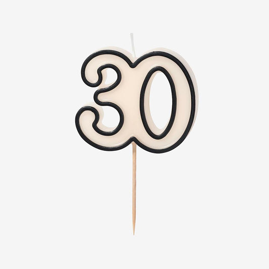 Bougie chiffre 30 noir et blanc pour décoration de gâteau