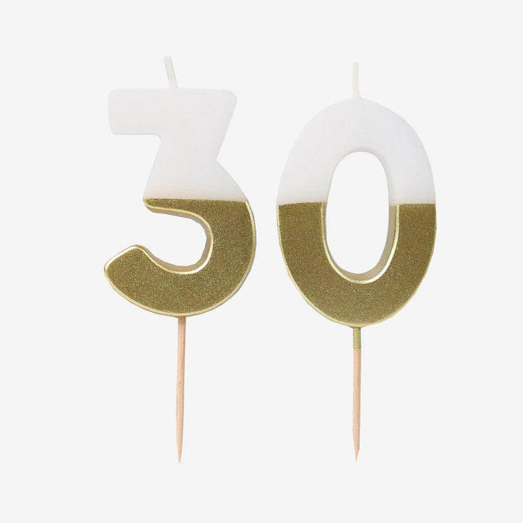 Bougies 30 ans dorĂ©es, pour gĂąteau dâanniversaire Ă©lĂ©gant