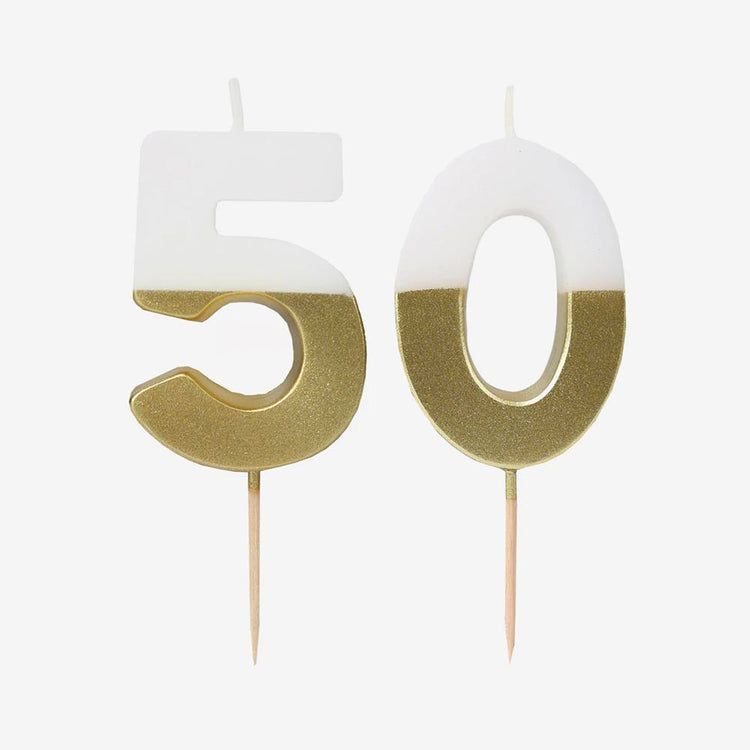 Bougies 50 ans dorées, déco brillante pour un demi-siècle