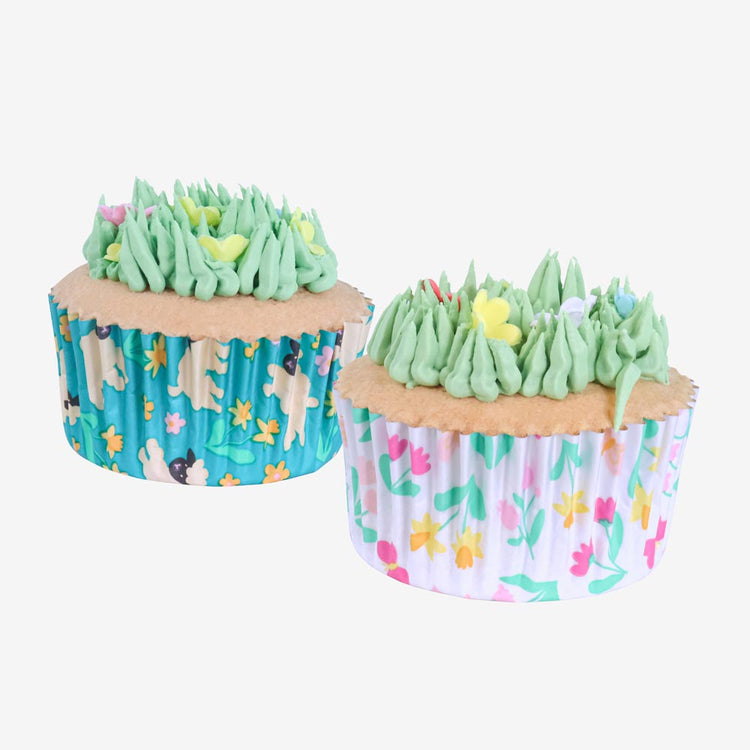 60 caissettes à cupcake fleurs et moutons, déco gùteau thÚme printemps