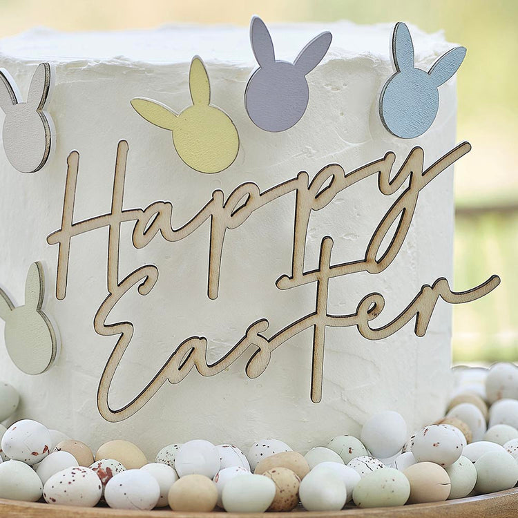 Toppers de Pâques en bois HAPPY EASTER - deco gateau original