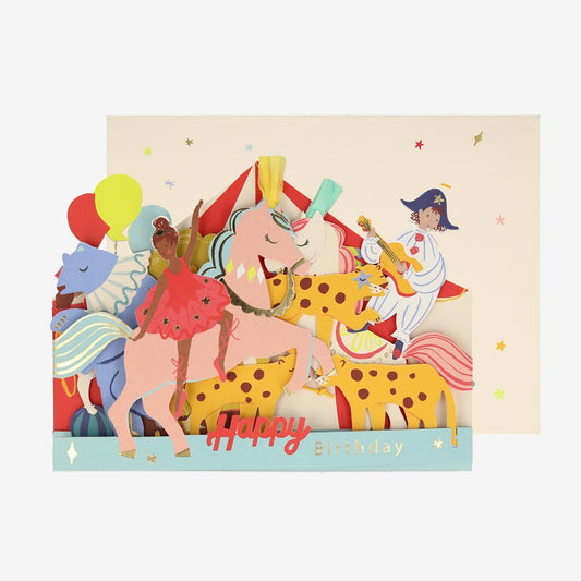 Carte en 3D sur le thème du cirque, idéale pour un anniversaire ou une invitation