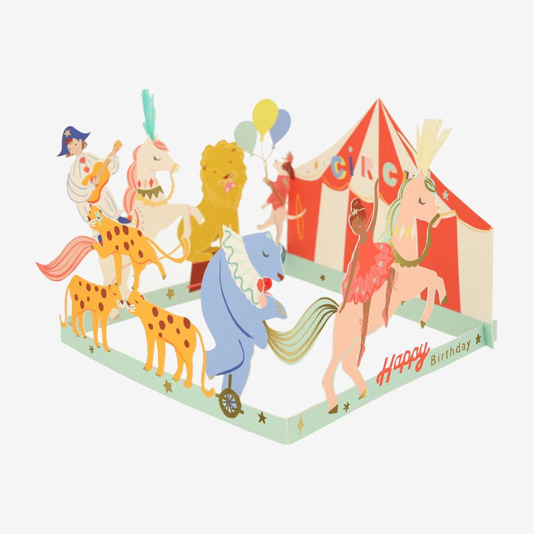 Carte pop-up cirque avec des éléments en relief colorés, parfaits pour un anniversaire