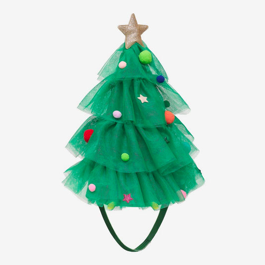 chapeau tulle vert déguisement drole sapin de noel decoré de boule