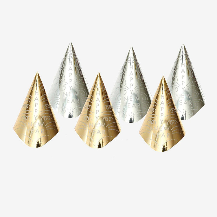 6 chapeaux pointus Happy New Year or et argent : accessoire photobooth