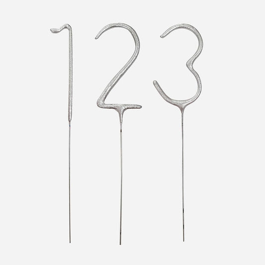 Gateau anniversaire : cierges magiques chiffres 1 2 3 argentés