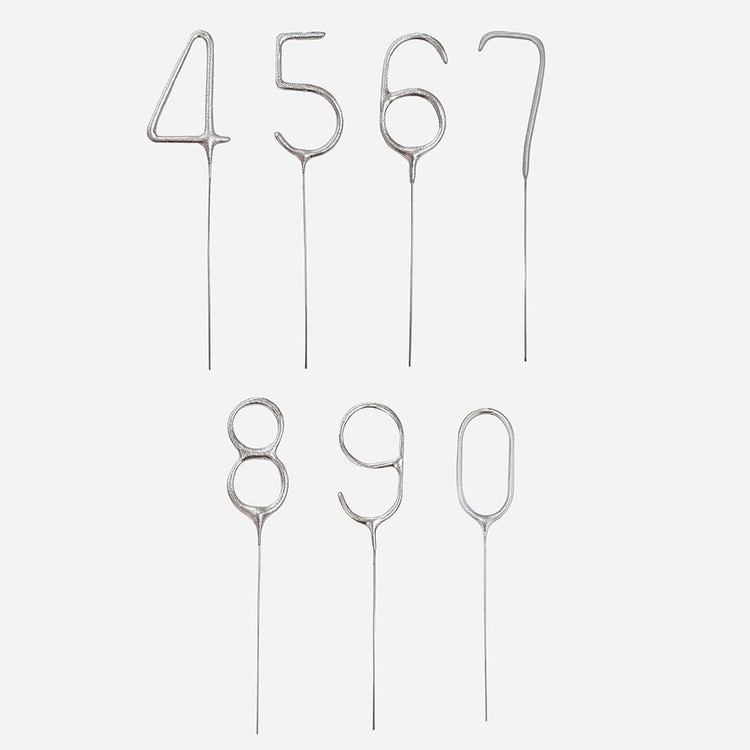 Gâteau anniversaire : cierges magiques chiffres 4 à 9 argentés